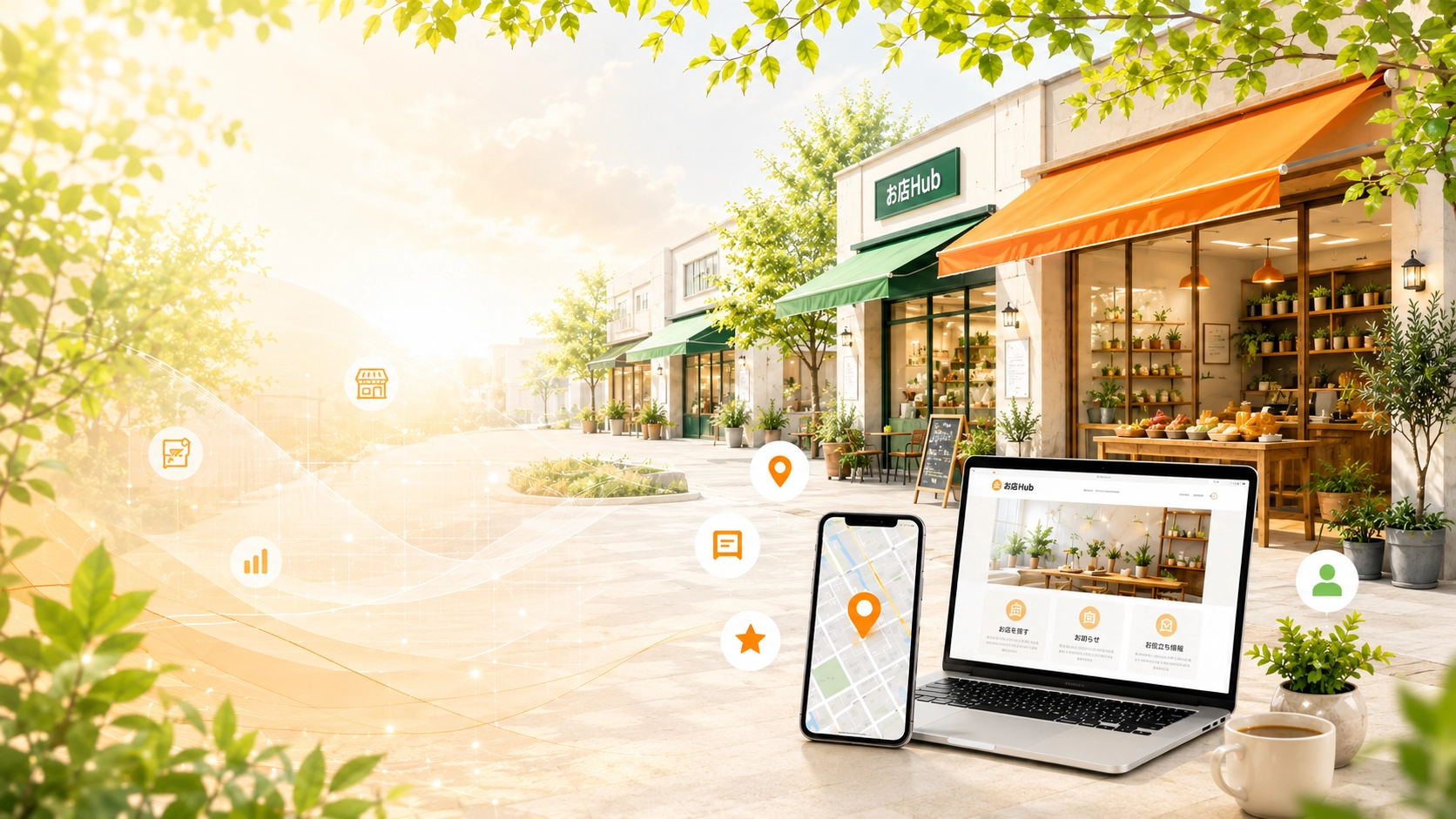 地域の店舗向けにホームページ制作やGoogleマップ対策を紹介するお店Hubのヒーロー画像